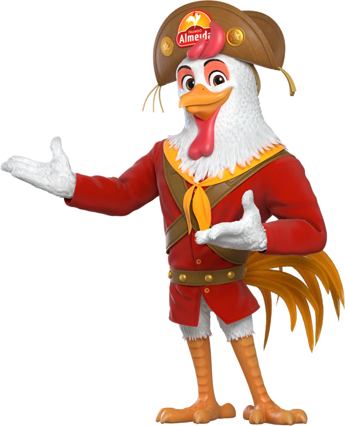 Mascote do Frango Almeida, um galo de chapéu de couro
